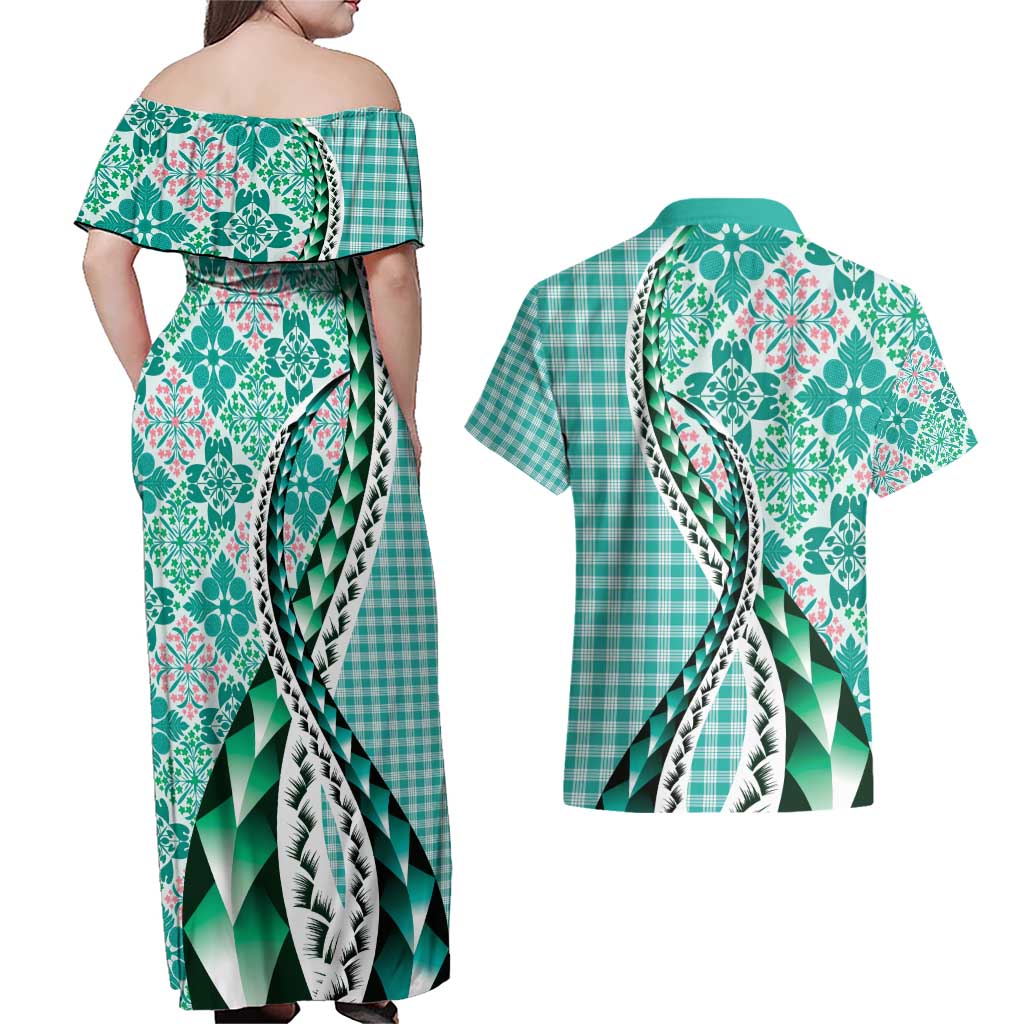 Aloha Vintage Palaka Floral Hawaiian Quilt Couples Matching Off Shoulder Maxi Dress and Hawaiian Shirt Polu Motif LT9 - Polynesian Pride