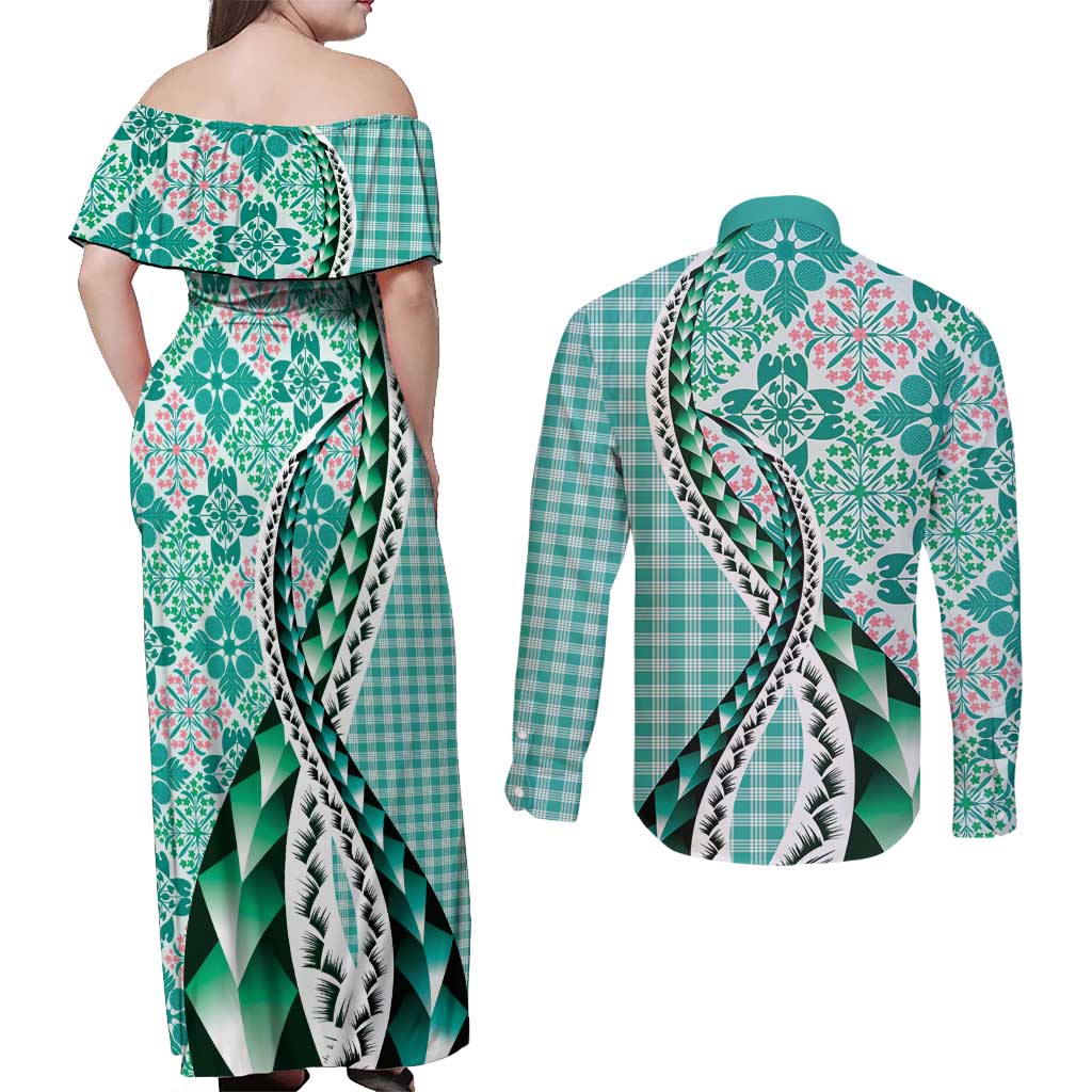 Aloha Vintage Palaka Floral Hawaiian Quilt Couples Matching Off Shoulder Maxi Dress and Long Sleeve Button Shirt Polu Motif LT9 - Polynesian Pride