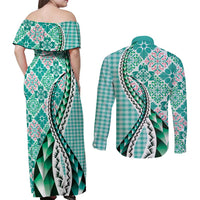 Aloha Vintage Palaka Floral Hawaiian Quilt Couples Matching Off Shoulder Maxi Dress and Long Sleeve Button Shirt Polu Motif LT9 - Polynesian Pride