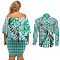 Aloha Vintage Palaka Floral Hawaiian Quilt Couples Matching Off Shoulder Short Dress and Long Sleeve Button Shirt Polu Motif LT9 - Polynesian Pride