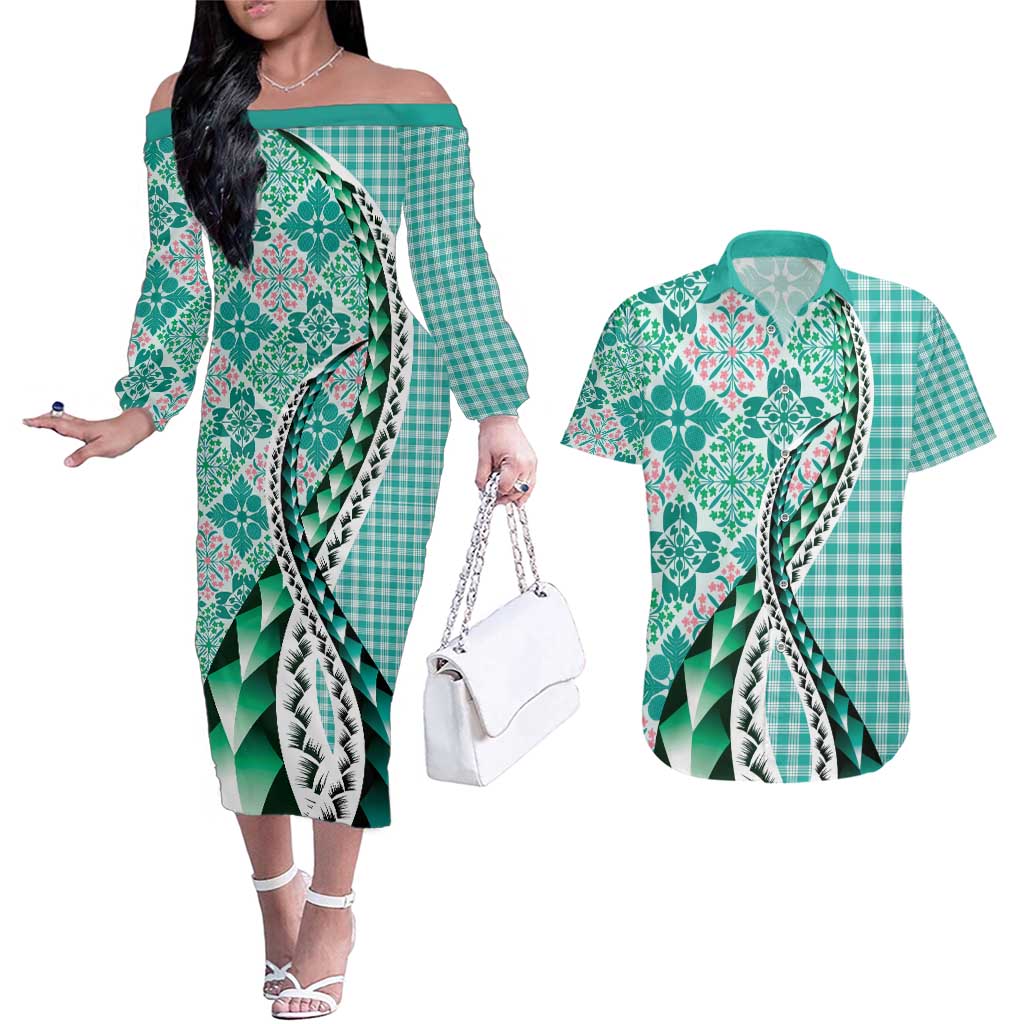 Aloha Vintage Palaka Floral Hawaiian Quilt Couples Matching Off The Shoulder Long Sleeve Dress and Hawaiian Shirt Polu Motif LT9 Turquoise - Polynesian Pride