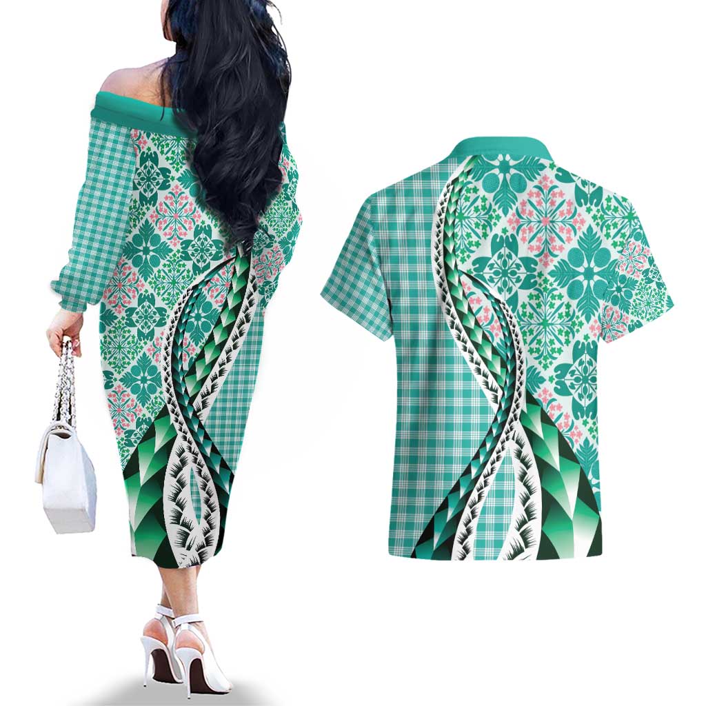 Aloha Vintage Palaka Floral Hawaiian Quilt Couples Matching Off The Shoulder Long Sleeve Dress and Hawaiian Shirt Polu Motif LT9 - Polynesian Pride