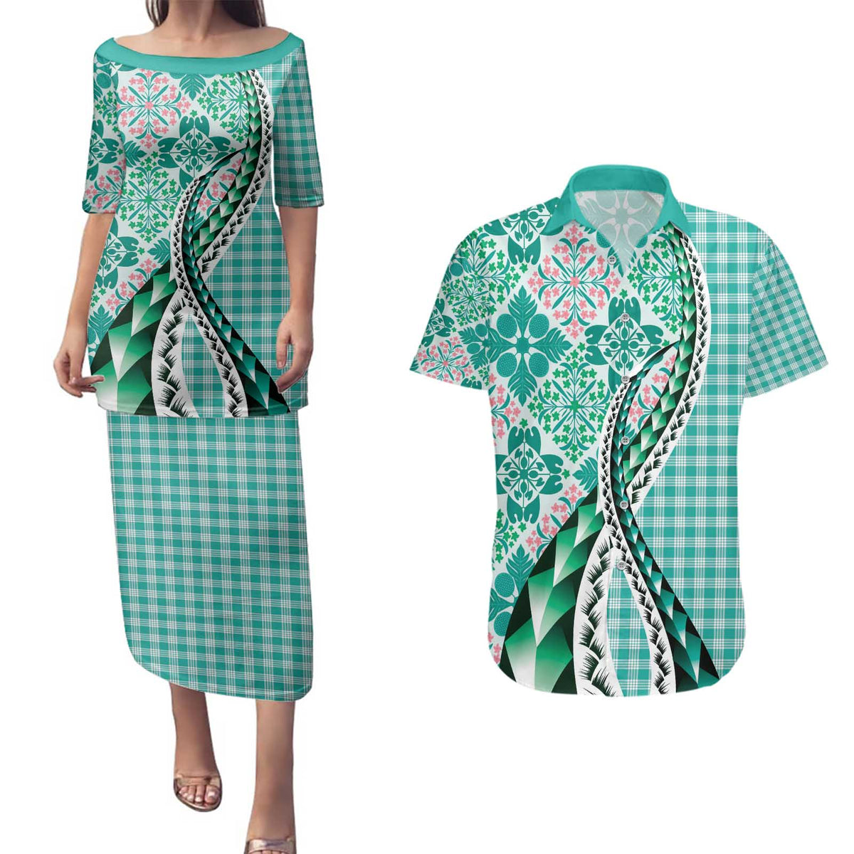 Aloha Vintage Palaka Floral Hawaiian Quilt Couples Matching Puletasi and Hawaiian Shirt Polu Motif LT9 Turquoise - Polynesian Pride