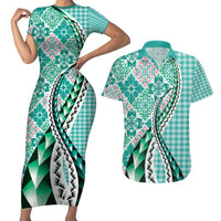 Aloha Vintage Palaka Floral Hawaiian Quilt Couples Matching Short Sleeve Bodycon Dress and Hawaiian Shirt Polu Motif LT9 Turquoise - Polynesian Pride