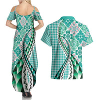 Aloha Vintage Palaka Floral Hawaiian Quilt Couples Matching Summer Maxi Dress and Hawaiian Shirt Polu Motif LT9 - Polynesian Pride