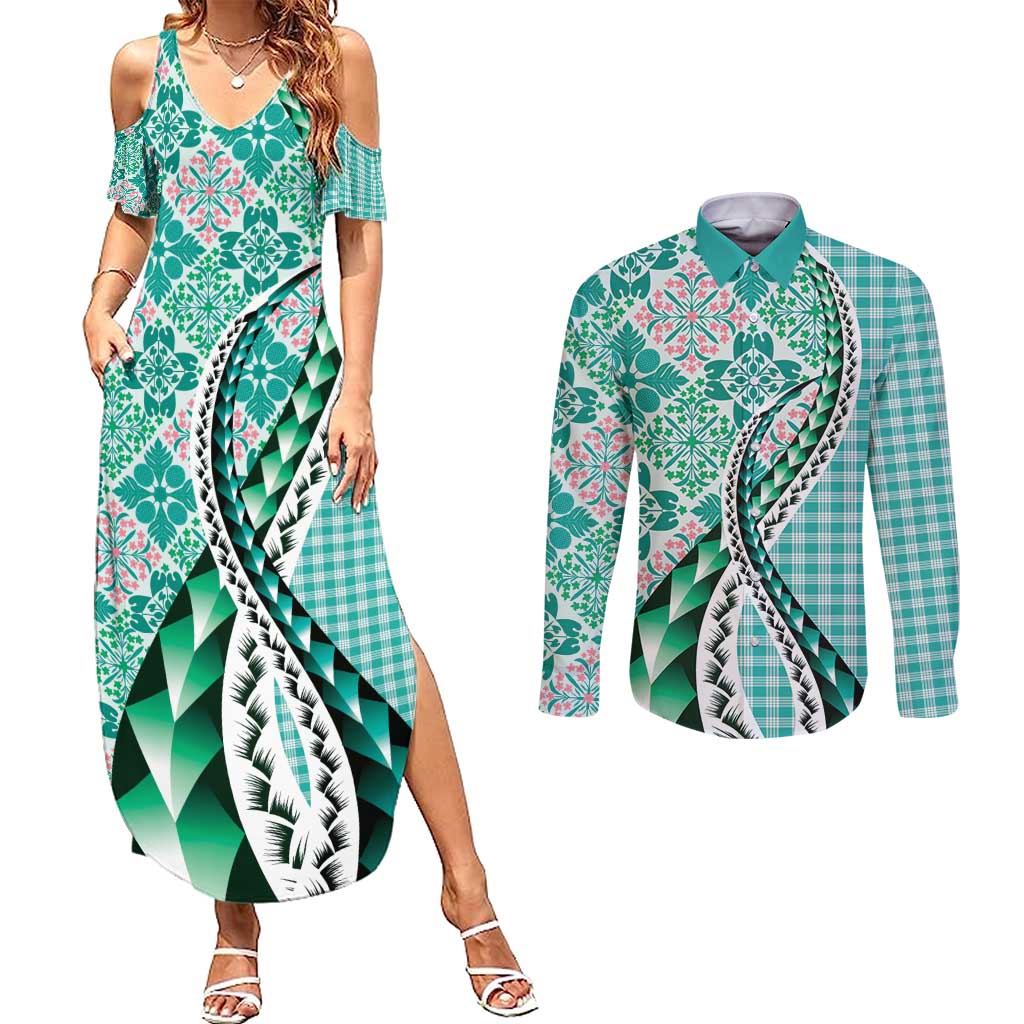 Aloha Vintage Palaka Floral Hawaiian Quilt Couples Matching Summer Maxi Dress and Long Sleeve Button Shirt Polu Motif LT9 Turquoise - Polynesian Pride