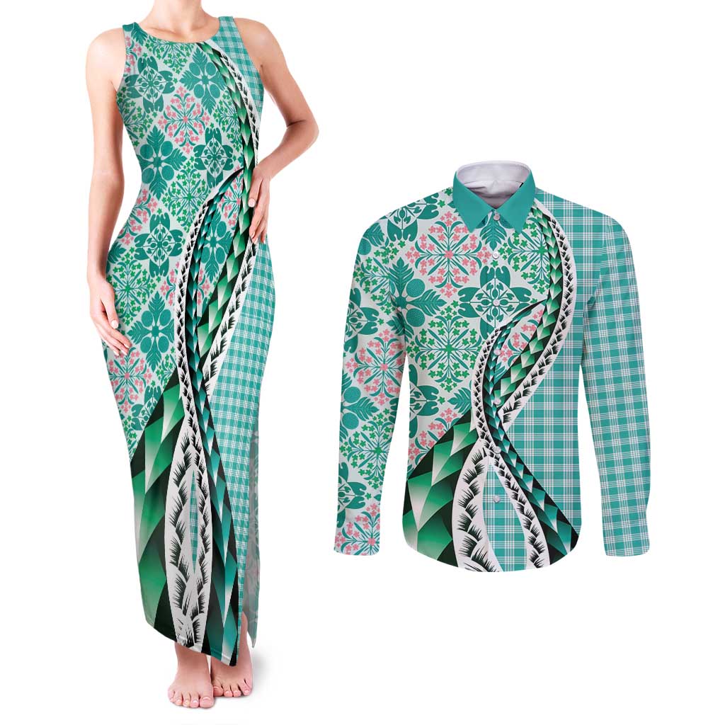 Aloha Vintage Palaka Floral Hawaiian Quilt Couples Matching Tank Maxi Dress and Long Sleeve Button Shirt Polu Motif LT9 Turquoise - Polynesian Pride