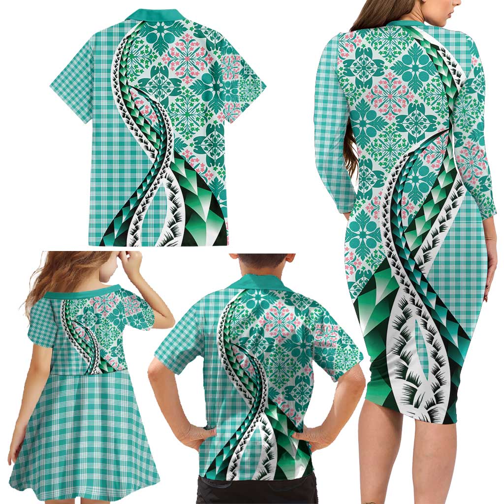 Aloha Vintage Palaka Floral Hawaiian Quilt Family Matching Long Sleeve Bodycon Dress and Hawaiian Shirt Polu Motif LT9 - Polynesian Pride
