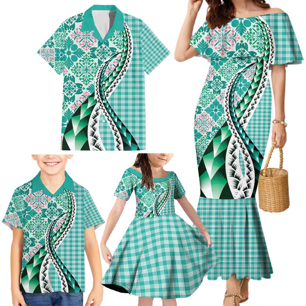 Aloha Vintage Palaka Floral Hawaiian Quilt Family Matching Mermaid Dress and Hawaiian Shirt Polu Motif - Polynesian Pride