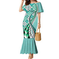 Aloha Vintage Palaka Floral Hawaiian Quilt Family Matching Mermaid Dress and Hawaiian Shirt Polu Motif LT9 Mom's Dress Turquoise - Polynesian Pride