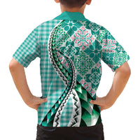 Aloha Vintage Palaka Floral Hawaiian Quilt Family Matching Off The Shoulder Long Sleeve Dress and Hawaiian Shirt Polu Motif LT9 - Polynesian Pride