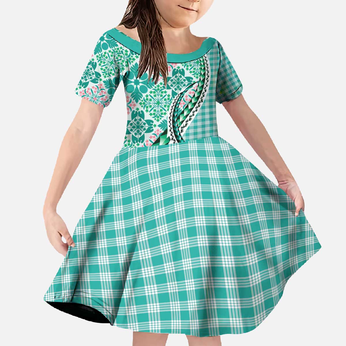 Aloha Vintage Palaka Floral Hawaiian Quilt Family Matching Off The Shoulder Long Sleeve Dress and Hawaiian Shirt Polu Motif LT9 Daughter's Dress Turquoise - Polynesian Pride