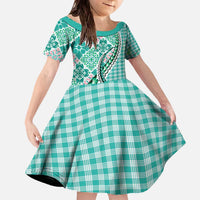 Aloha Vintage Palaka Floral Hawaiian Quilt Family Matching Off The Shoulder Long Sleeve Dress and Hawaiian Shirt Polu Motif LT9 Daughter's Dress Turquoise - Polynesian Pride