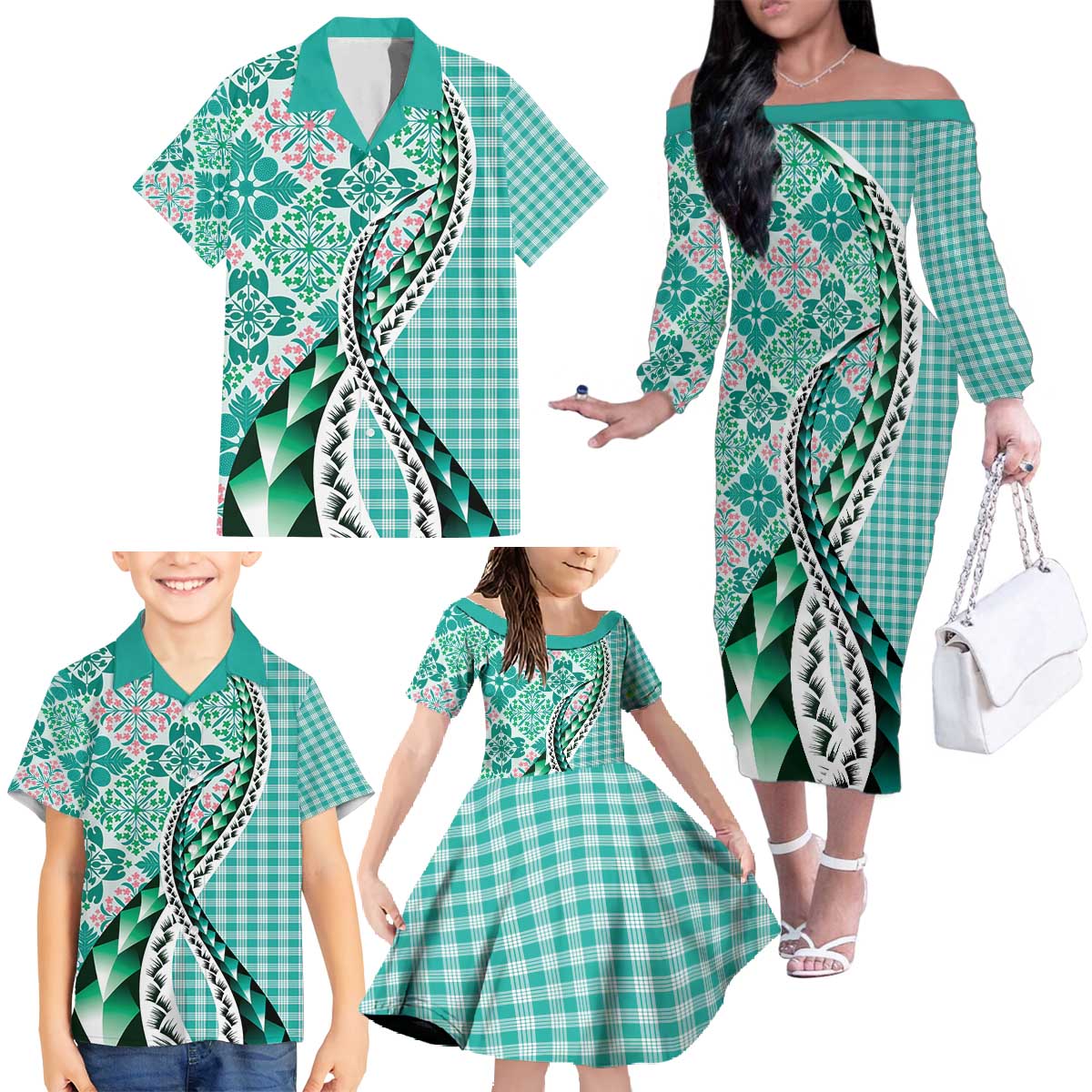 Aloha Vintage Palaka Floral Hawaiian Quilt Family Matching Off The Shoulder Long Sleeve Dress and Hawaiian Shirt Polu Motif LT9 - Polynesian Pride