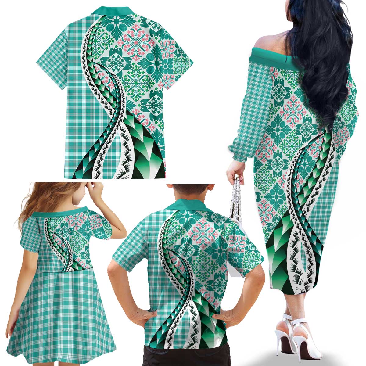 Aloha Vintage Palaka Floral Hawaiian Quilt Family Matching Off The Shoulder Long Sleeve Dress and Hawaiian Shirt Polu Motif LT9 - Polynesian Pride