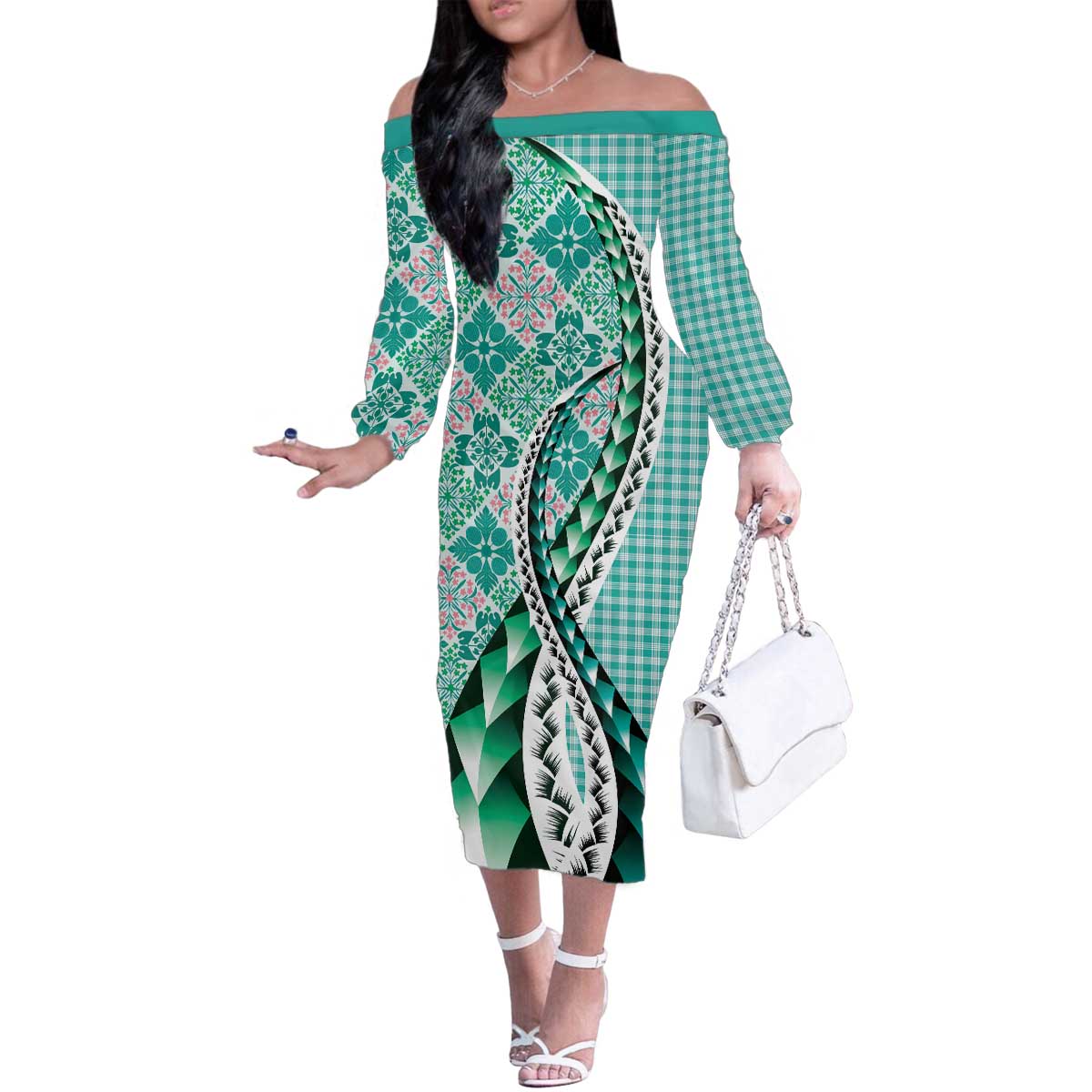 Aloha Vintage Palaka Floral Hawaiian Quilt Family Matching Off The Shoulder Long Sleeve Dress and Hawaiian Shirt Polu Motif LT9 Mom's Dress Turquoise - Polynesian Pride