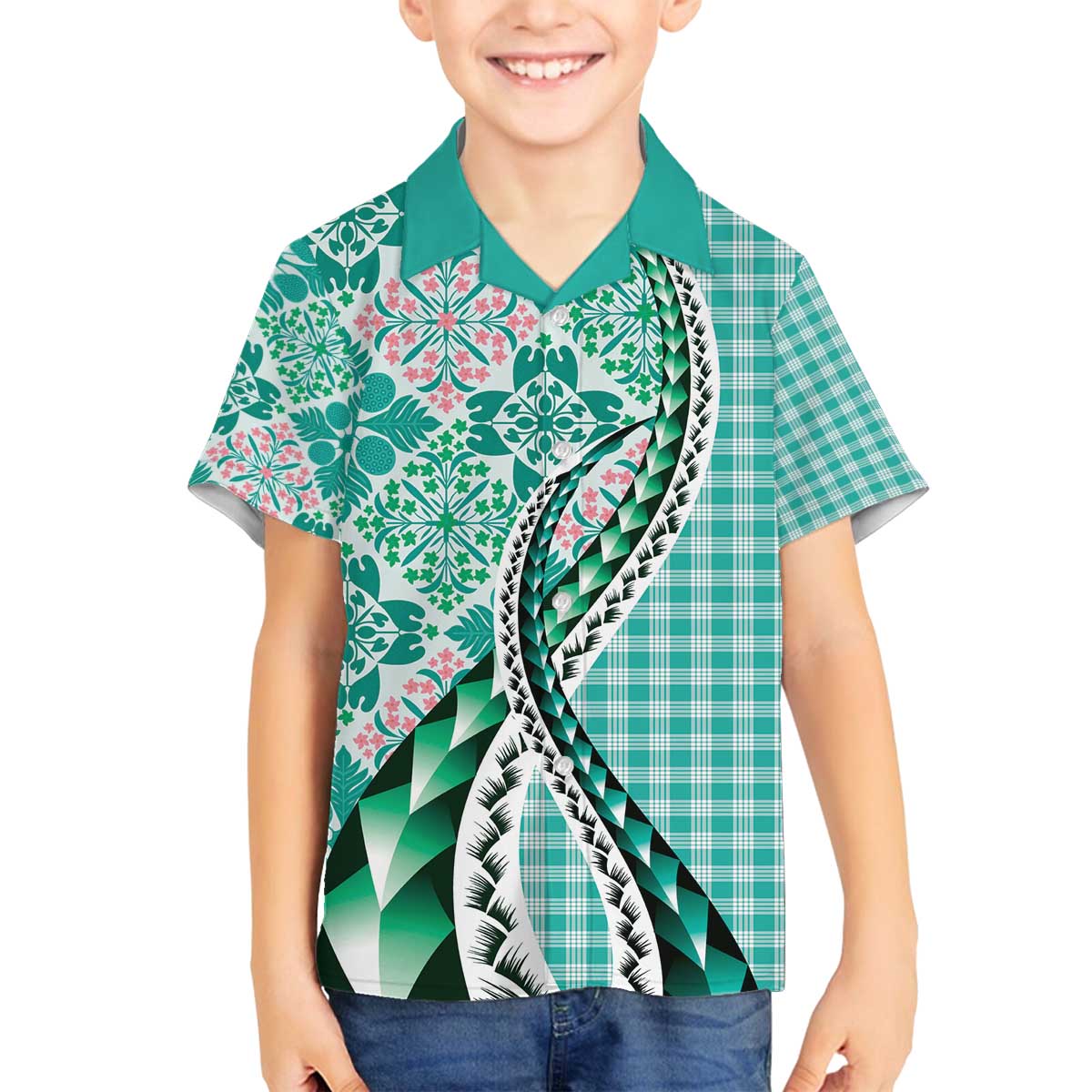 Aloha Vintage Palaka Floral Hawaiian Quilt Family Matching Off The Shoulder Long Sleeve Dress and Hawaiian Shirt Polu Motif LT9 Son's Shirt Turquoise - Polynesian Pride