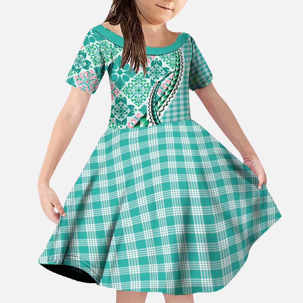 Aloha Vintage Palaka Floral Hawaiian Quilt Family Matching Off Shoulder Maxi Dress and Hawaiian Shirt Polu Motif LT9 Daughter's Dress Turquoise - Polynesian Pride
