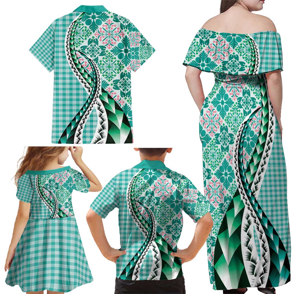 Aloha Vintage Palaka Floral Hawaiian Quilt Family Matching Off Shoulder Maxi Dress and Hawaiian Shirt Polu Motif LT9 - Polynesian Pride