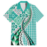 Aloha Vintage Palaka Floral Hawaiian Quilt Family Matching Off Shoulder Maxi Dress and Hawaiian Shirt Polu Motif LT9 Dad's Shirt - Short Sleeve Turquoise - Polynesian Pride