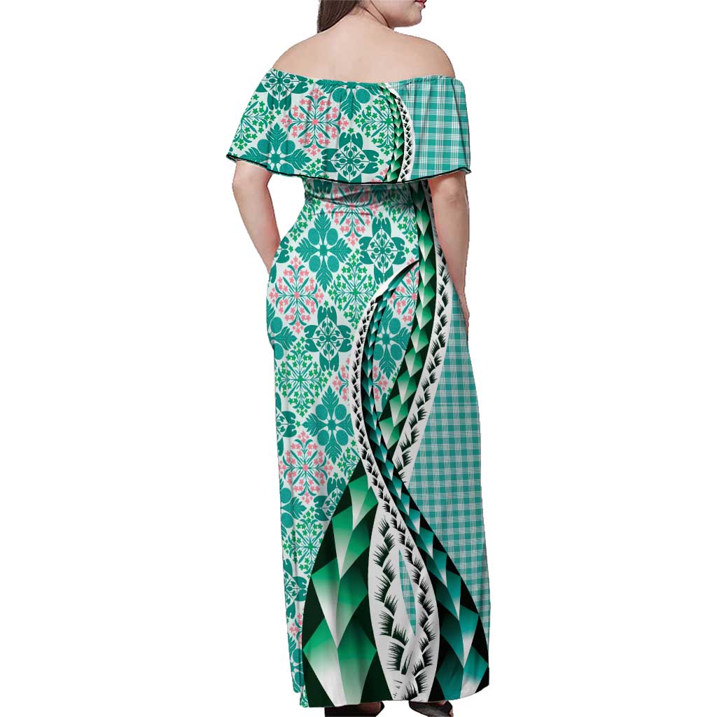 Aloha Vintage Palaka Floral Hawaiian Quilt Family Matching Off Shoulder Maxi Dress and Hawaiian Shirt Polu Motif LT9 - Polynesian Pride