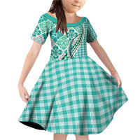 Aloha Vintage Palaka Floral Hawaiian Quilt Family Matching Off Shoulder Short Dress and Hawaiian Shirt Polu Motif LT9 Daughter's Dress Turquoise - Polynesian Pride