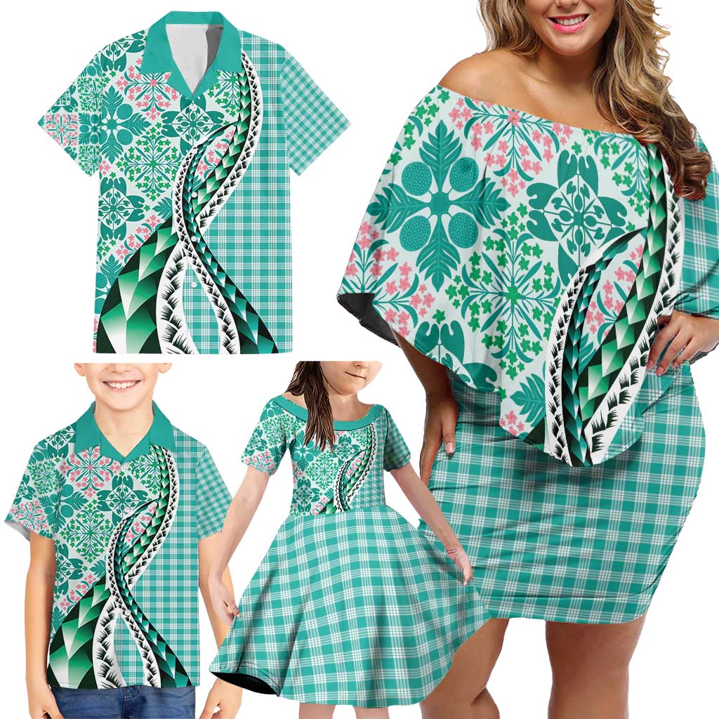 Aloha Vintage Palaka Floral Hawaiian Quilt Family Matching Off Shoulder Short Dress and Hawaiian Shirt Polu Motif - Polynesian Pride