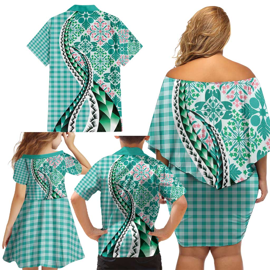 Aloha Vintage Palaka Floral Hawaiian Quilt Family Matching Off Shoulder Short Dress and Hawaiian Shirt Polu Motif LT9 - Polynesian Pride