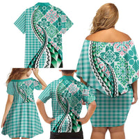 Aloha Vintage Palaka Floral Hawaiian Quilt Family Matching Off Shoulder Short Dress and Hawaiian Shirt Polu Motif LT9 - Polynesian Pride