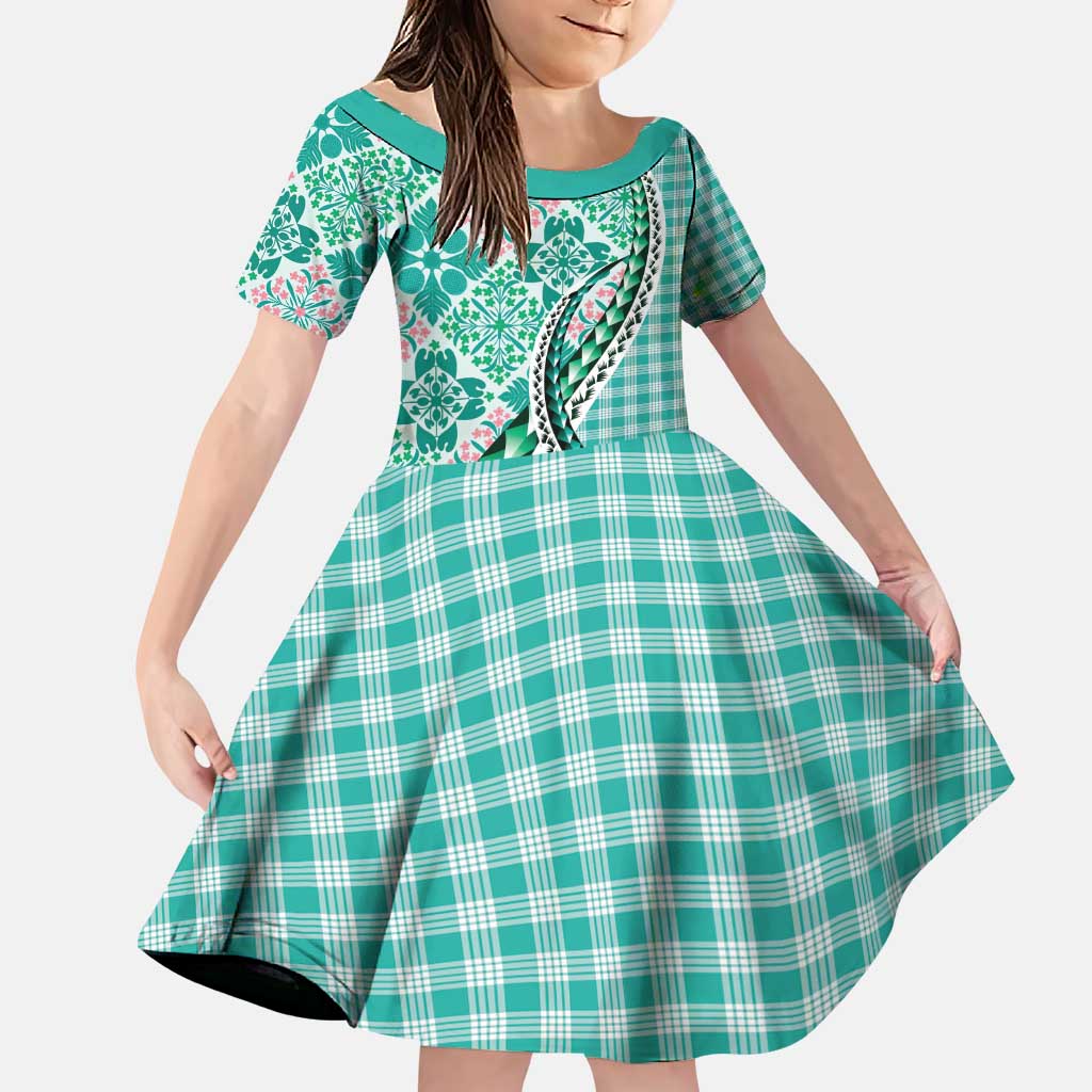 Aloha Vintage Palaka Floral Hawaiian Quilt Family Matching Puletasi and Hawaiian Shirt Polu Motif LT9 Daughter's Dress Turquoise - Polynesian Pride