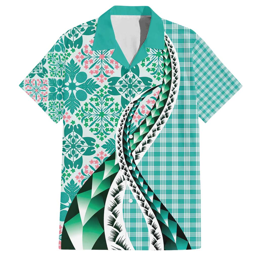 Aloha Vintage Palaka Floral Hawaiian Quilt Family Matching Puletasi and Hawaiian Shirt Polu Motif LT9 Dad's Shirt - Short Sleeve Turquoise - Polynesian Pride