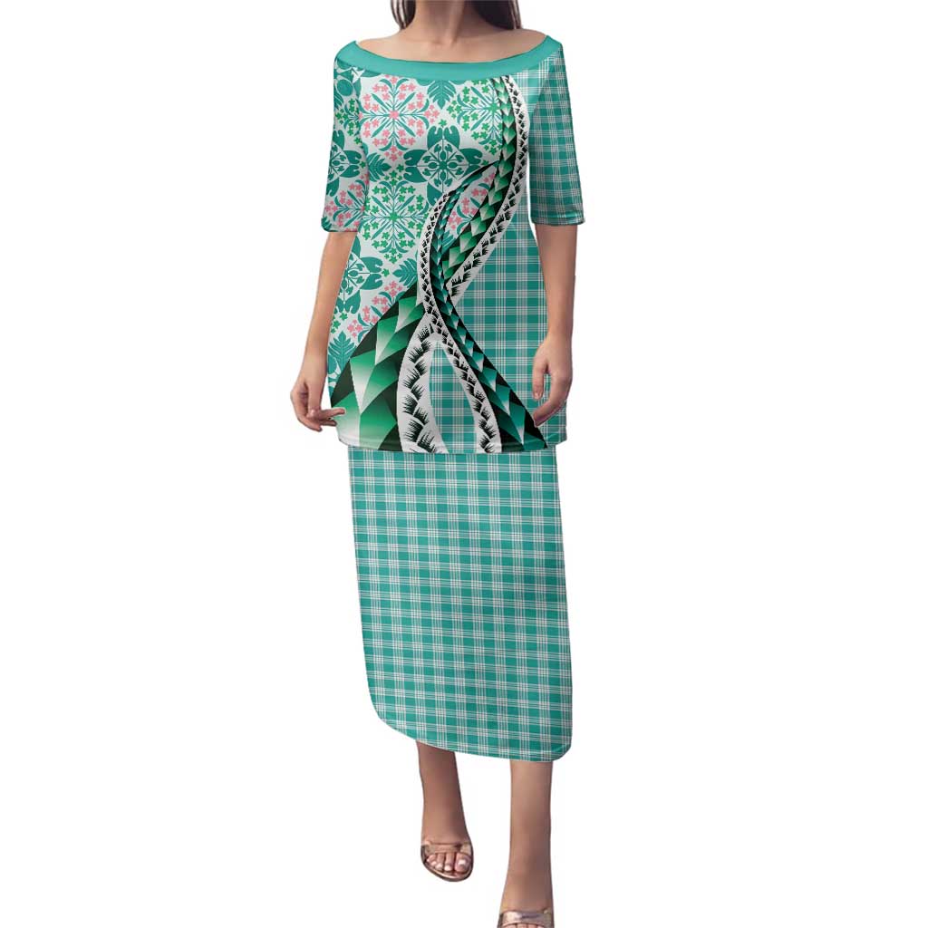 Aloha Vintage Palaka Floral Hawaiian Quilt Family Matching Puletasi and Hawaiian Shirt Polu Motif LT9 Mom's Dress Turquoise - Polynesian Pride