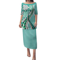 Aloha Vintage Palaka Floral Hawaiian Quilt Family Matching Puletasi and Hawaiian Shirt Polu Motif LT9 Mom's Dress Turquoise - Polynesian Pride