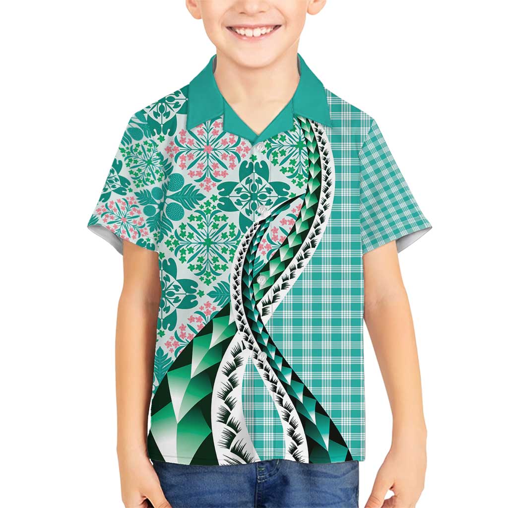 Aloha Vintage Palaka Floral Hawaiian Quilt Family Matching Puletasi and Hawaiian Shirt Polu Motif LT9 Son's Shirt Turquoise - Polynesian Pride