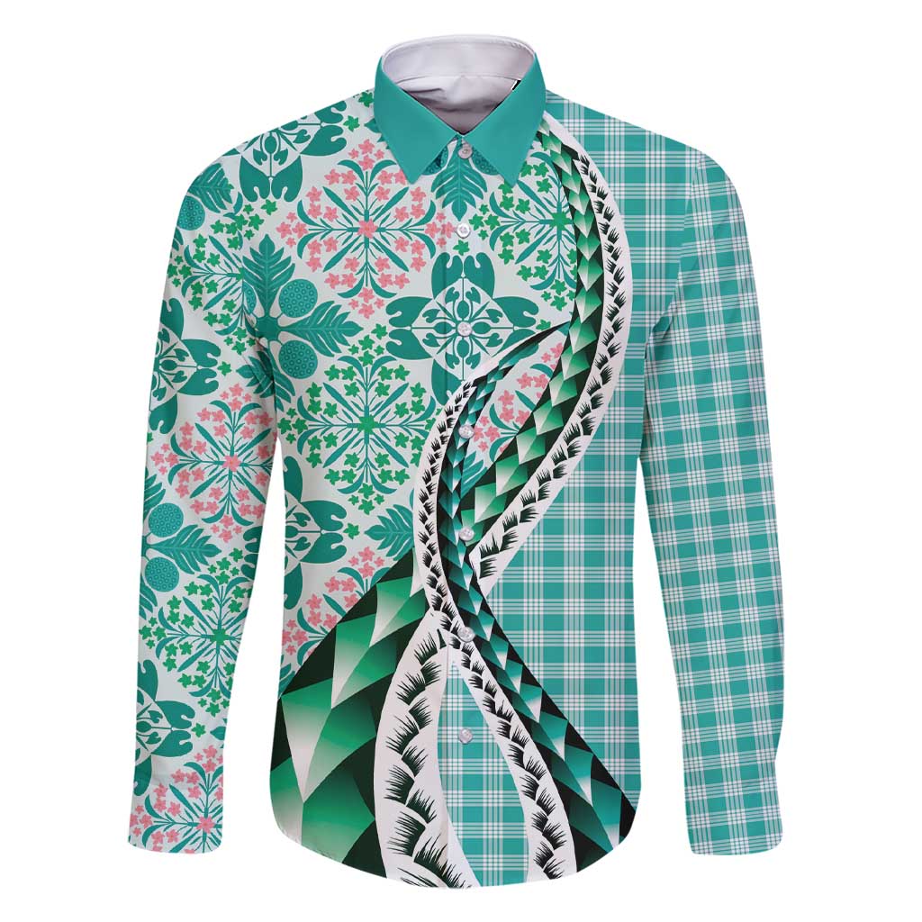 Aloha Vintage Palaka Floral Hawaiian Quilt Family Matching Short Sleeve Bodycon Dress and Hawaiian Shirt Polu Motif LT9 Dad's Shirt - Long Sleeve Turquoise - Polynesian Pride