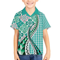 Aloha Vintage Palaka Floral Hawaiian Quilt Family Matching Summer Maxi Dress and Hawaiian Shirt Polu Motif LT9 Son's Shirt Turquoise - Polynesian Pride
