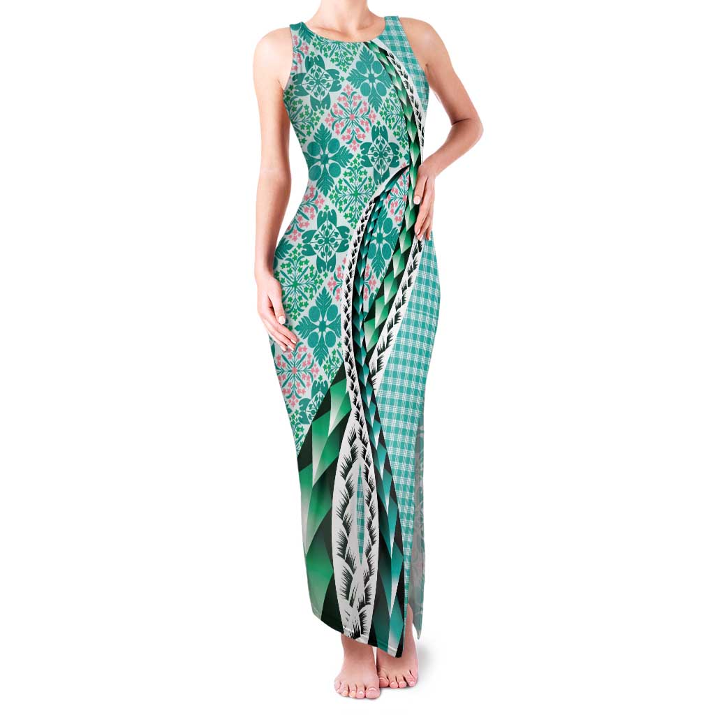 Aloha Vintage Palaka Floral Hawaiian Quilt Family Matching Tank Maxi Dress and Hawaiian Shirt Polu Motif LT9 Mom's Dress Turquoise - Polynesian Pride