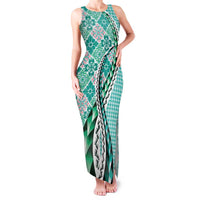 Aloha Vintage Palaka Floral Hawaiian Quilt Family Matching Tank Maxi Dress and Hawaiian Shirt Polu Motif LT9 Mom's Dress Turquoise - Polynesian Pride