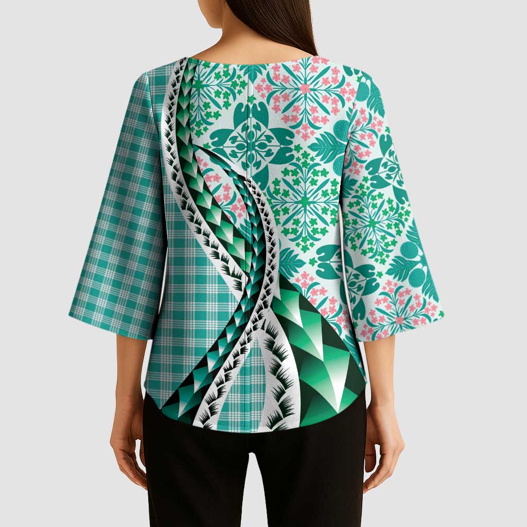 Aloha Vintage Palaka Floral Hawaiian Quilt Kimono Sleeve Blouse Polu Motif - Polynesian Pride