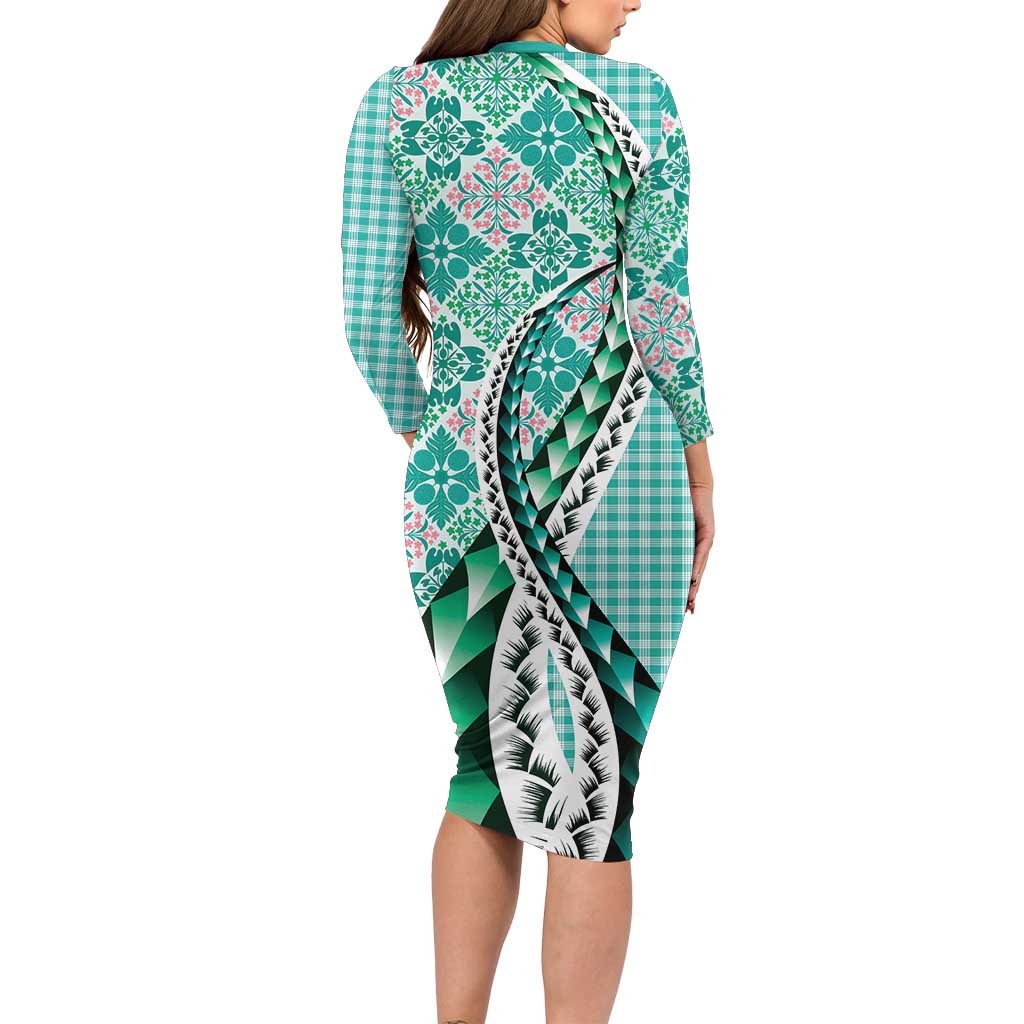 Aloha Vintage Palaka Floral Hawaiian Quilt Long Sleeve Bodycon Dress Polu Motif LT9 - Polynesian Pride