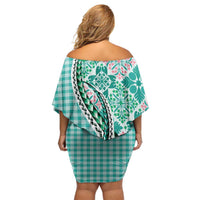 Aloha Vintage Palaka Floral Hawaiian Quilt Off Shoulder Short Dress Polu Motif - Polynesian Pride