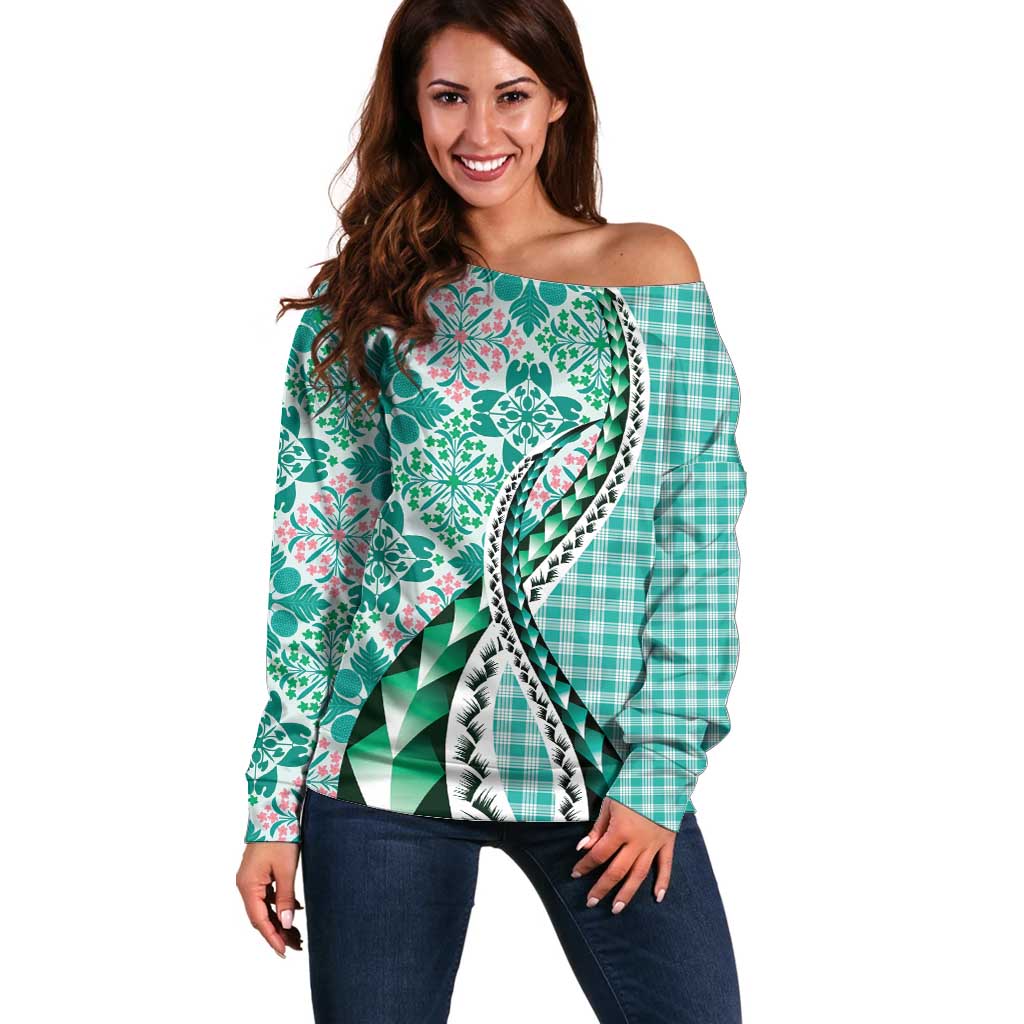 Aloha Vintage Palaka Floral Hawaiian Quilt Off Shoulder Sweater Polu Motif - Polynesian Pride