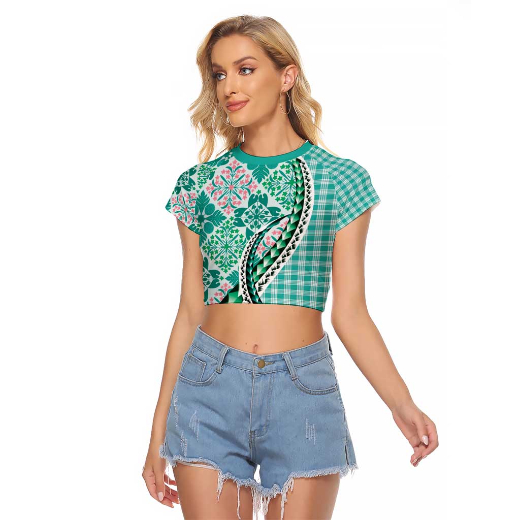 Aloha Vintage Palaka Floral Hawaiian Quilt Raglan Cropped T Shirt Polu Motif - Polynesian Pride