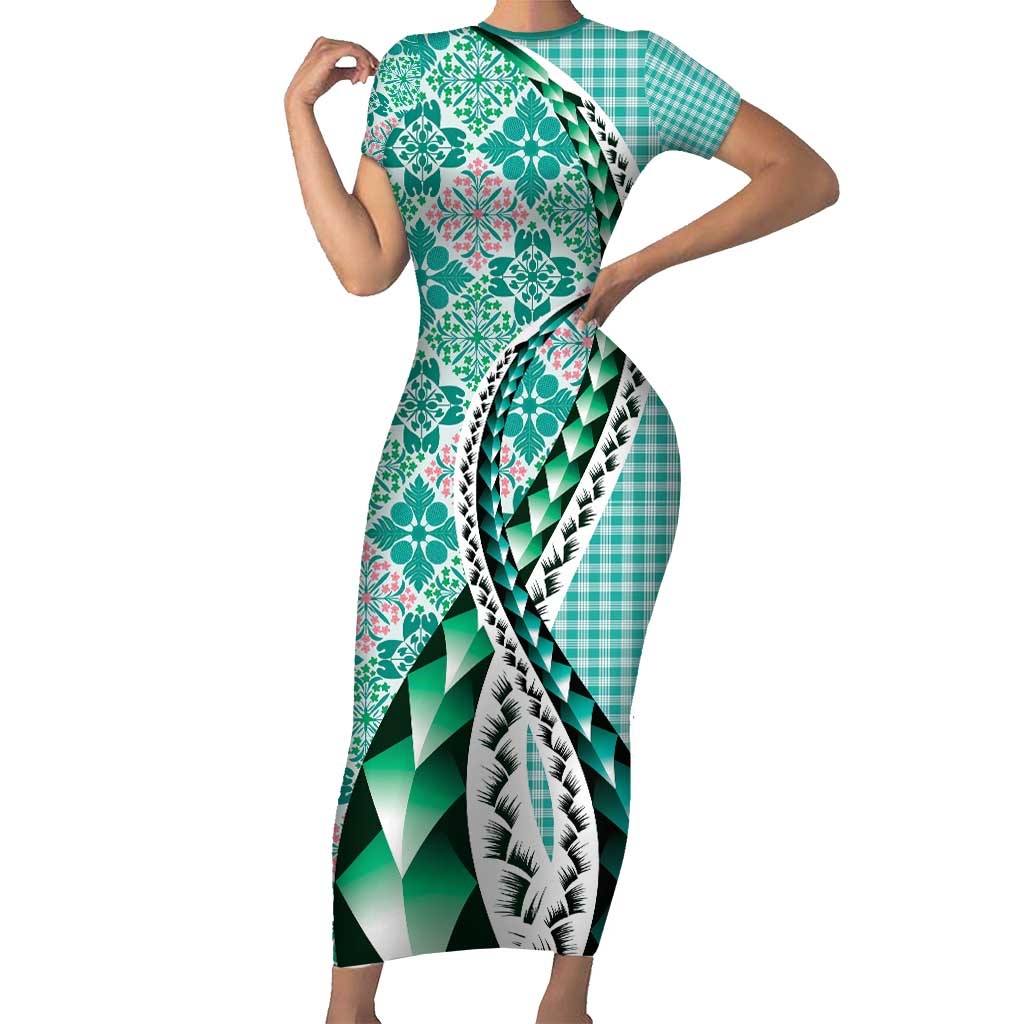 Aloha Vintage Palaka Floral Hawaiian Quilt Short Sleeve Bodycon Dress Polu Motif - Polynesian Pride