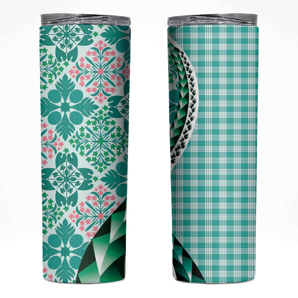 Aloha Vintage Palaka Floral Hawaiian Quilt Skinny Tumbler Polu Motif LT9 Turquoise - Polynesian Pride
