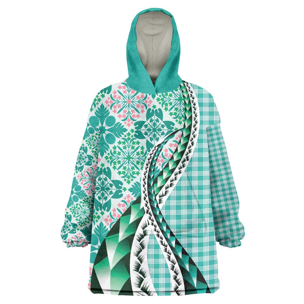 Aloha Vintage Palaka Floral Hawaiian Quilt Wearable Blanket Hoodie Polu Motif LT9 One Size Turquoise - Polynesian Pride