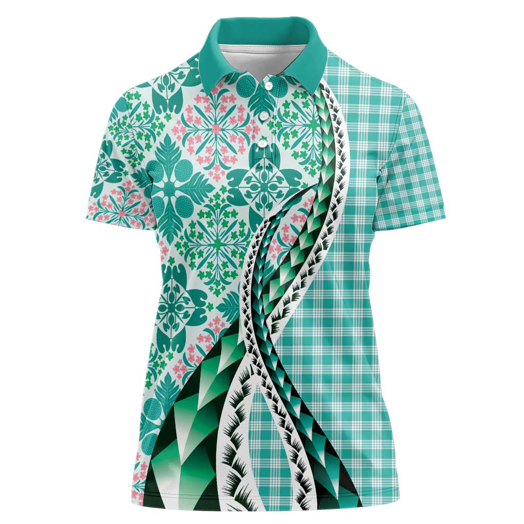 Aloha Vintage Palaka Floral Hawaiian Quilt Women Polo Shirt Polu Motif LT9 Female Turquoise - Polynesian Pride