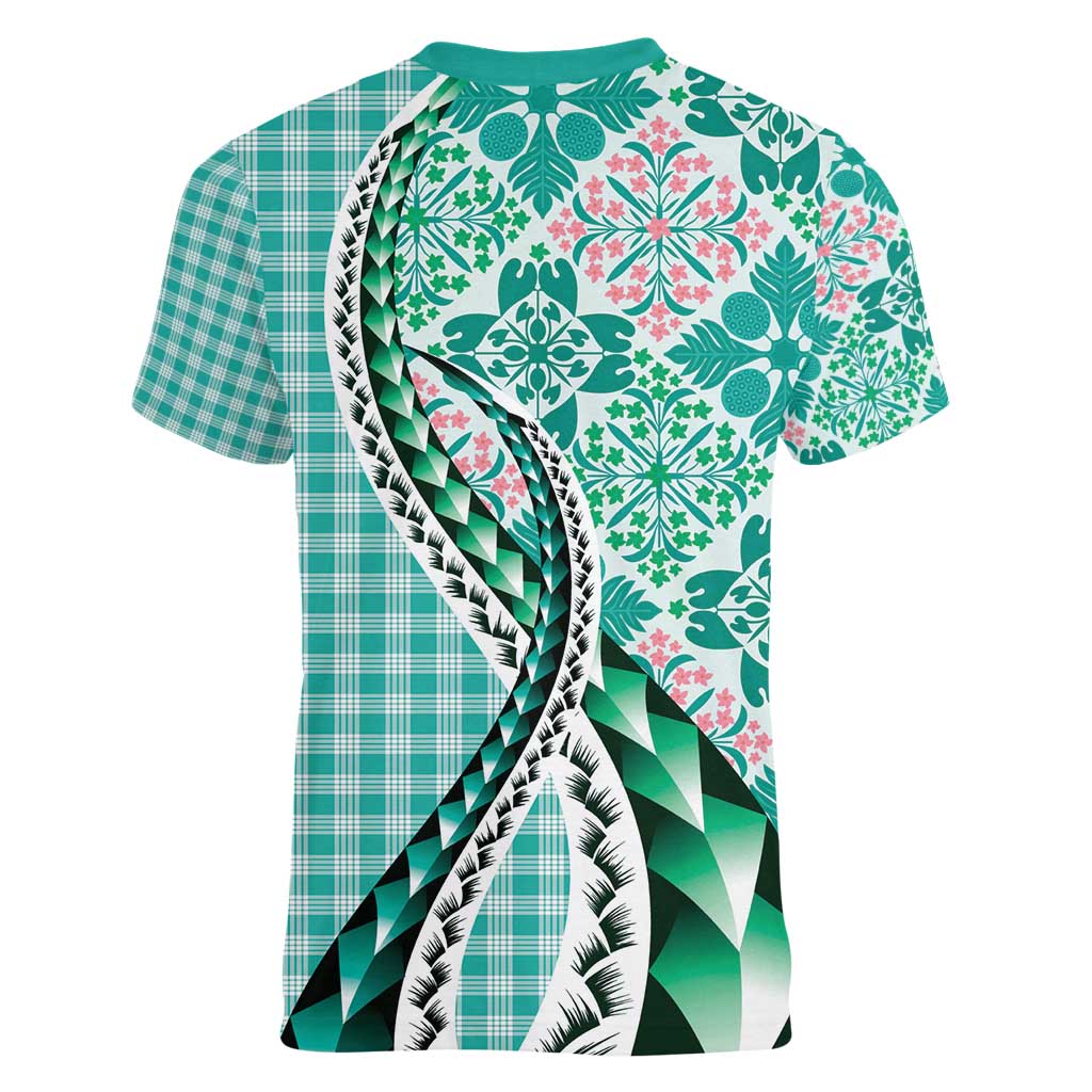 Aloha Vintage Palaka Floral Hawaiian Quilt Women V-Neck T-Shirt Polu Motif LT9 - Polynesian Pride