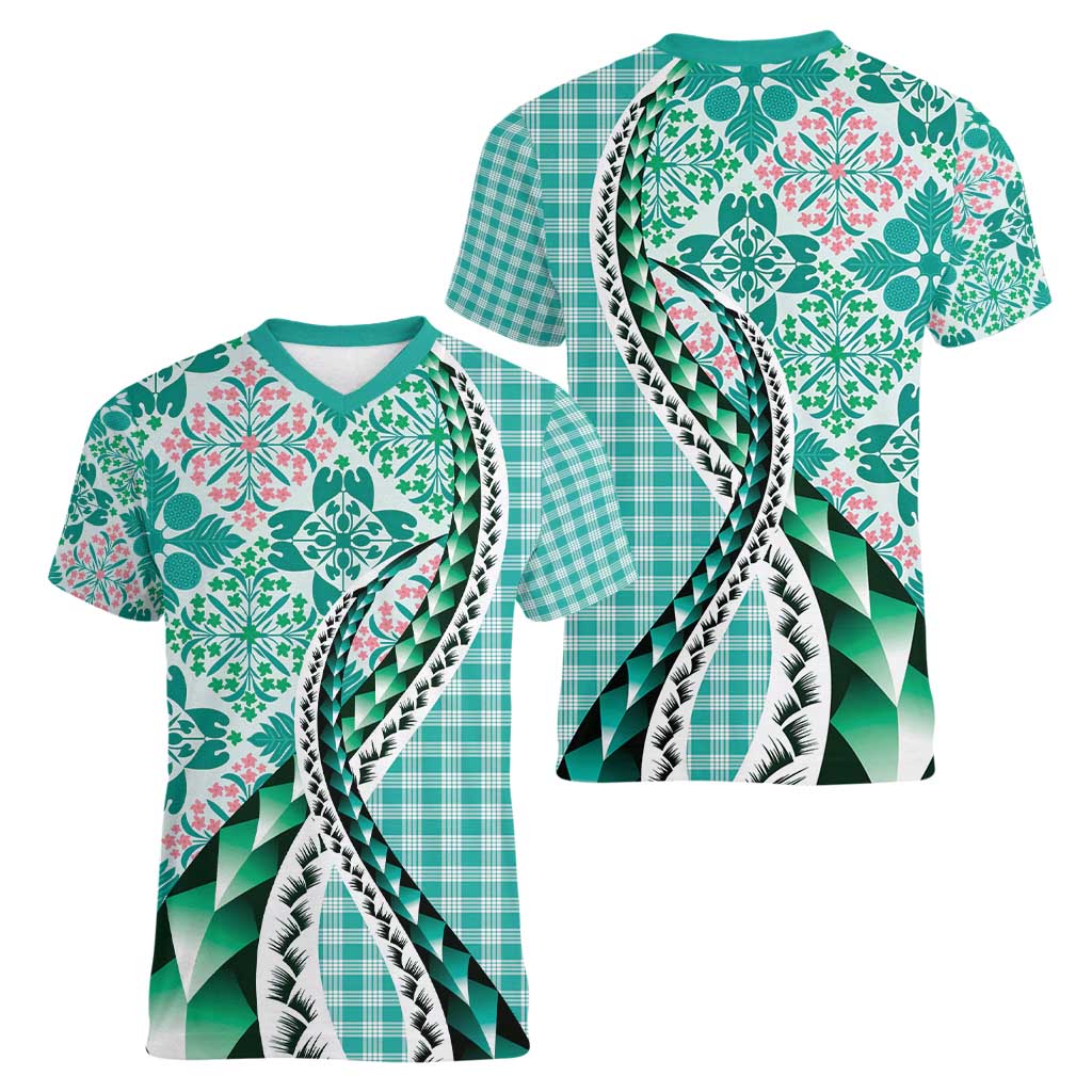Aloha Vintage Palaka Floral Hawaiian Quilt Women V-Neck T-Shirt Polu Motif LT9 - Polynesian Pride