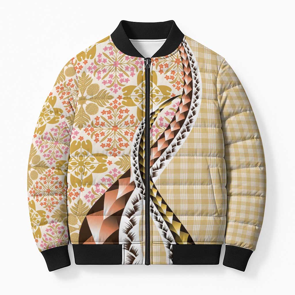 Aloha Vintage Palaka Floral Hawaiian Quilt Bomber Puffer Jacket Melemele Motif - Polynesian Pride